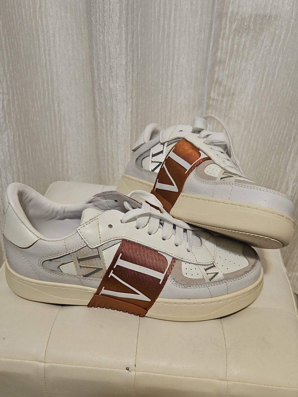 Valentino Men’s White Leather Sneakers with Brown Logo Band 8.5